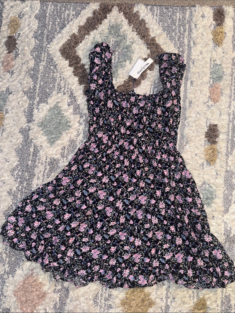 Wallflower Smocked Floral Off-Shoulder Kids Dress - Black with Pink Flowers - Picture 5 of 5